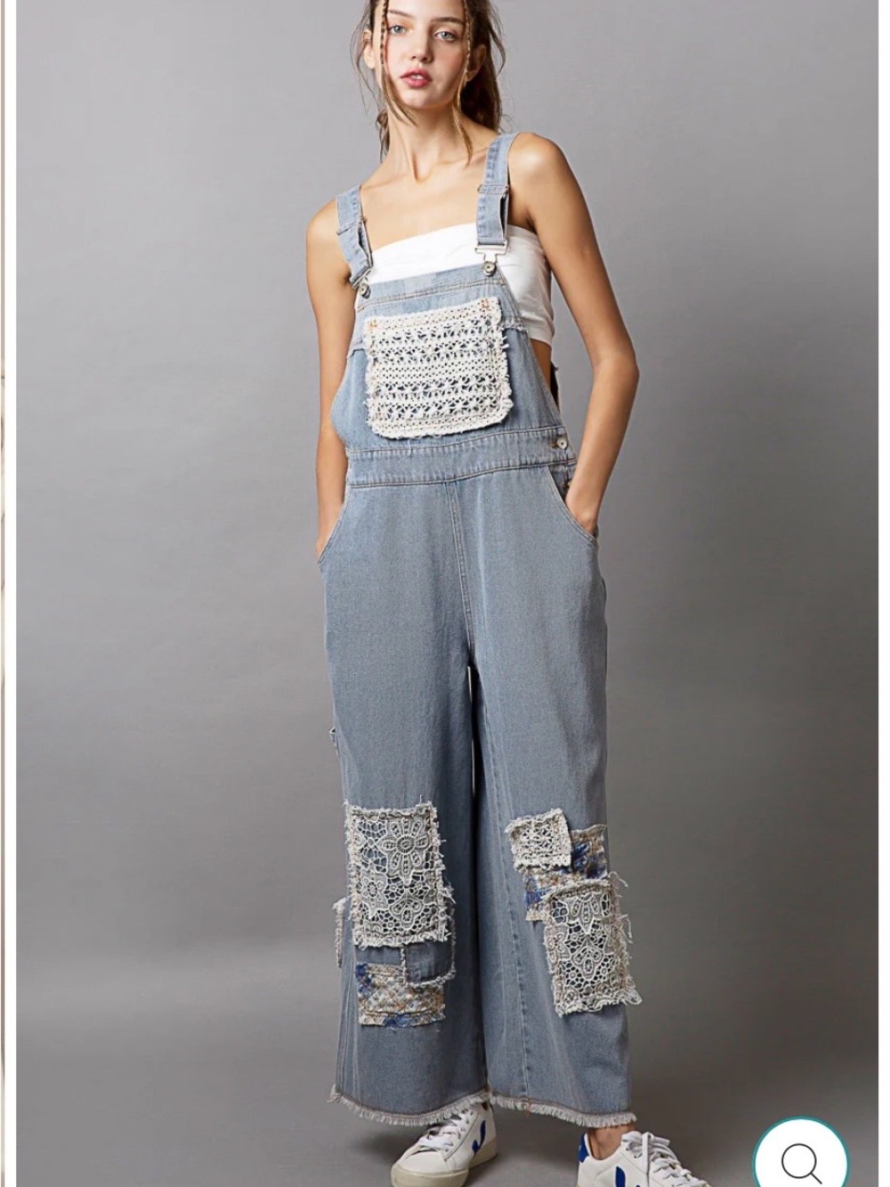 POL Light Blue Denim Patchwork Overalls with Crochet Patch Accents